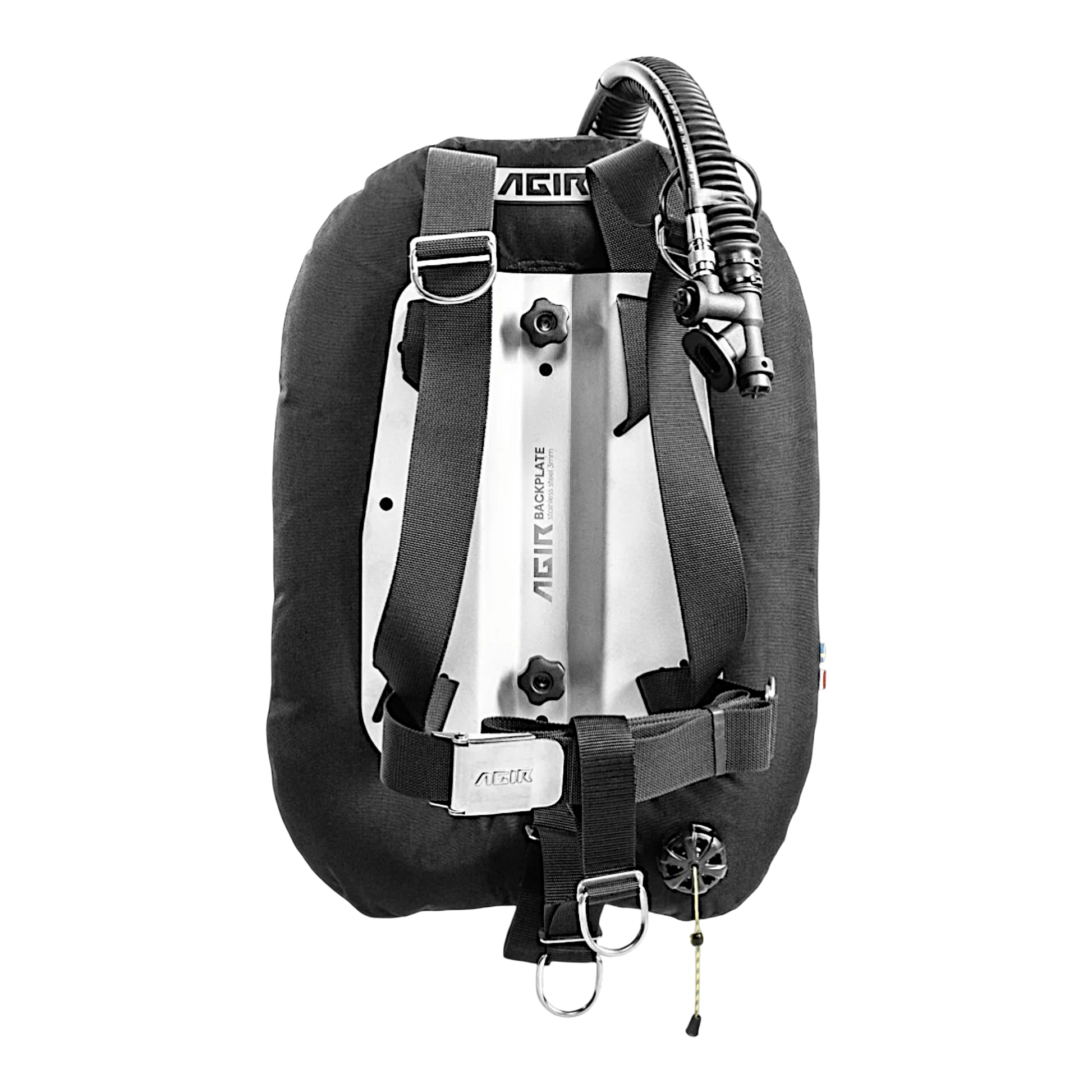 Sacco subacqueo monobombola AGIR Black Bird in Cordura 1000 con piastra in acciaio e inflatore tecnico. Nero