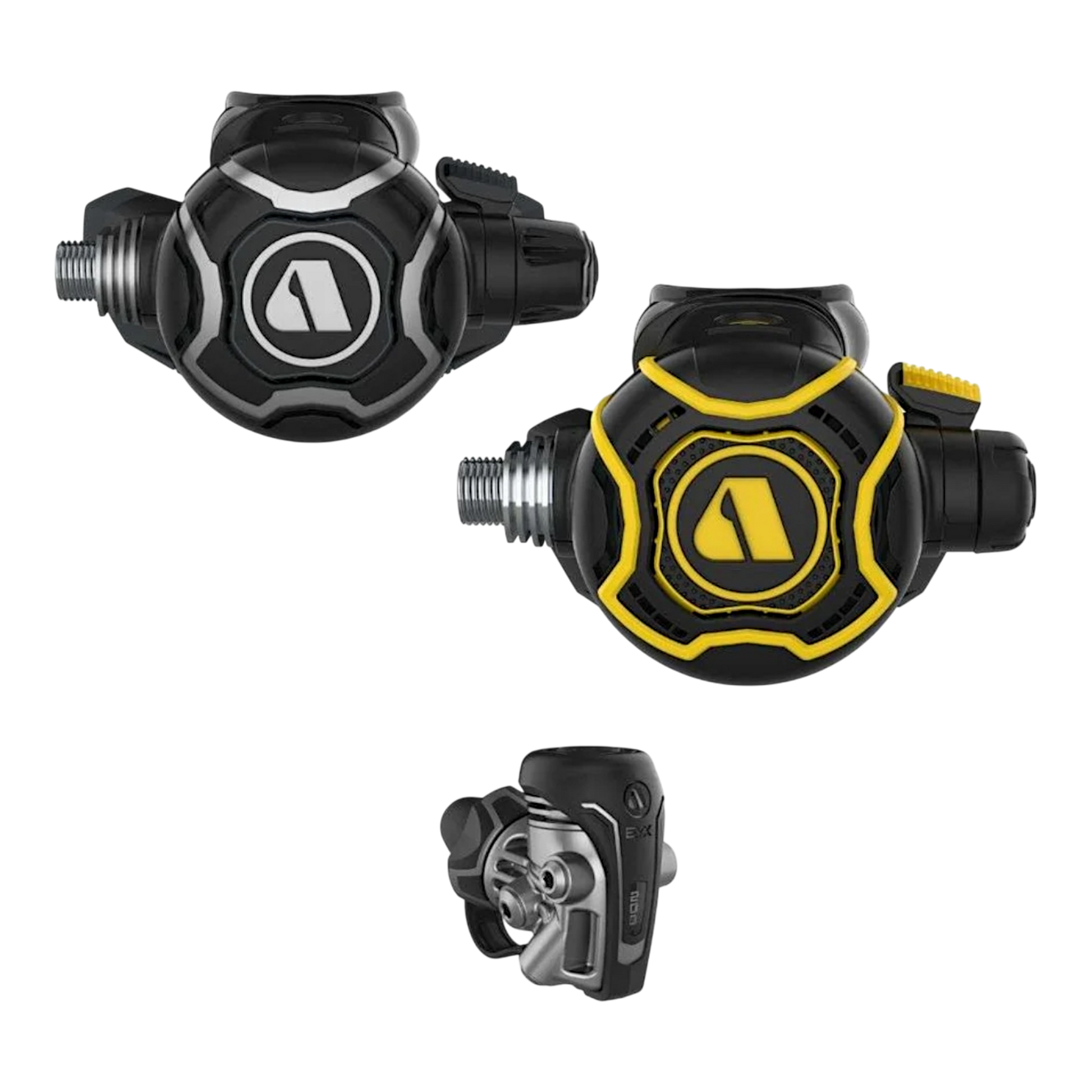 Kit erogatori Apeks EVX 200 con primo stadio, fruste professionali, secondo stadio e octopus di emergenza giallo su sfondo scuro.