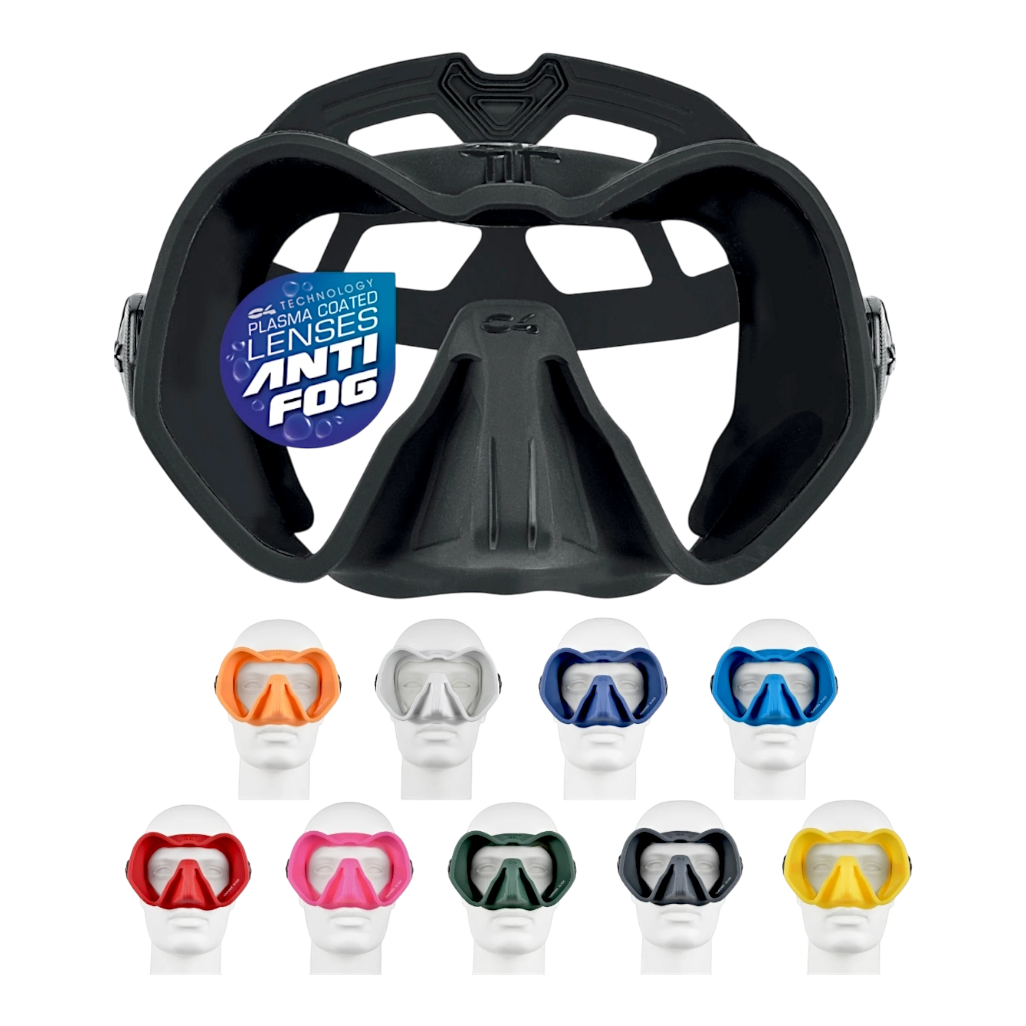 Maschera da sub C4 Skyline a vetro singolo con trattamento lenti anti-fog, mostrata in varie varianti di colore tra cui nero, blu, verde, rosso e giallo