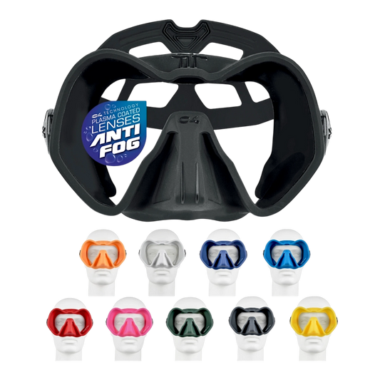 Maschera da sub C4 Skyline a vetro singolo con trattamento lenti anti-fog, mostrata in varie varianti di colore tra cui nero, blu, verde, rosso e giallo