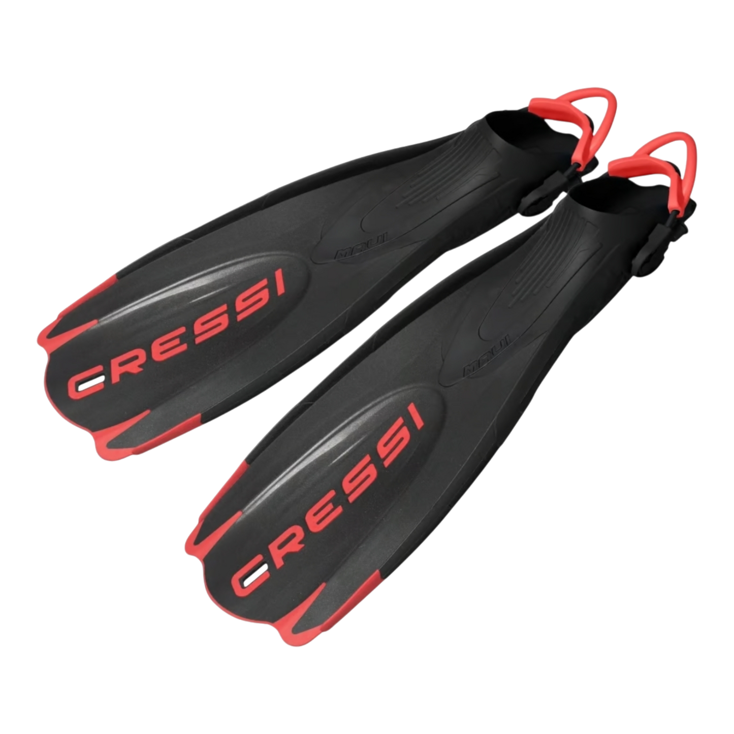 Coppia di pinne professionali Cressi Maui nere con inserti rossi e cinghioli regolabili su sfondo nero.