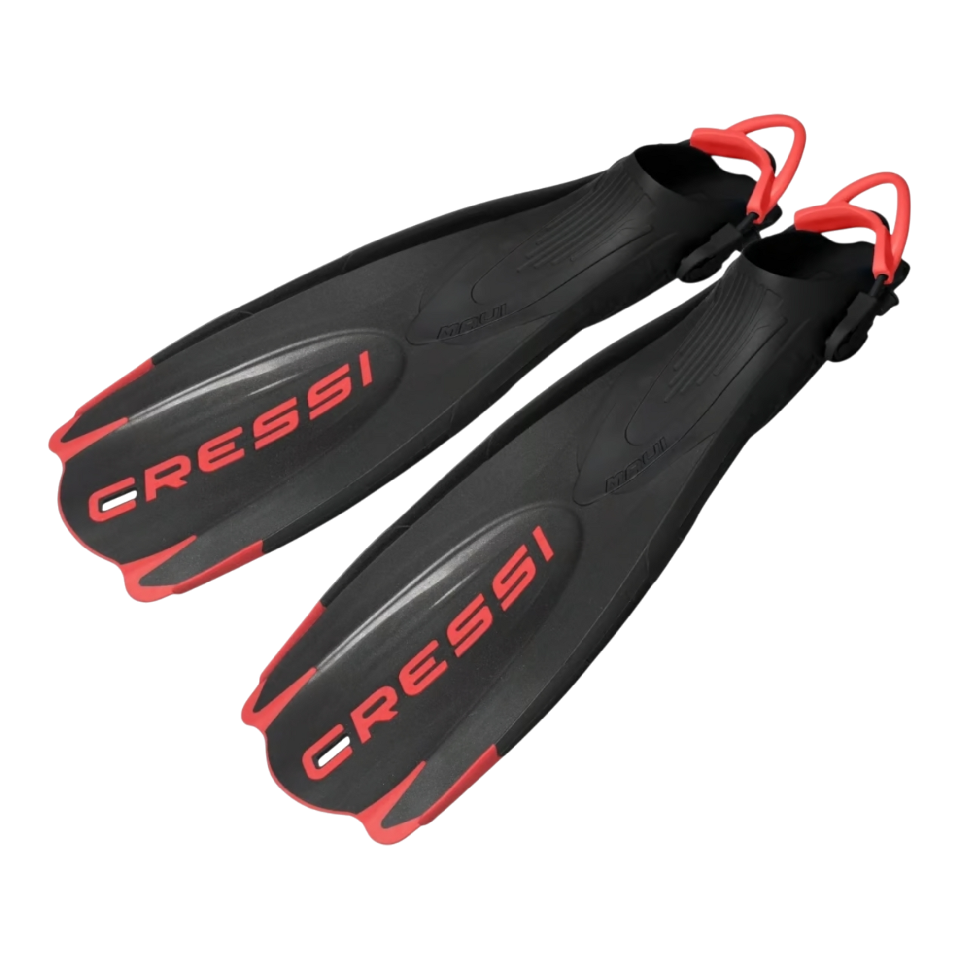 Coppia di pinne professionali Cressi Maui nere con inserti rossi e cinghioli regolabili su sfondo nero.