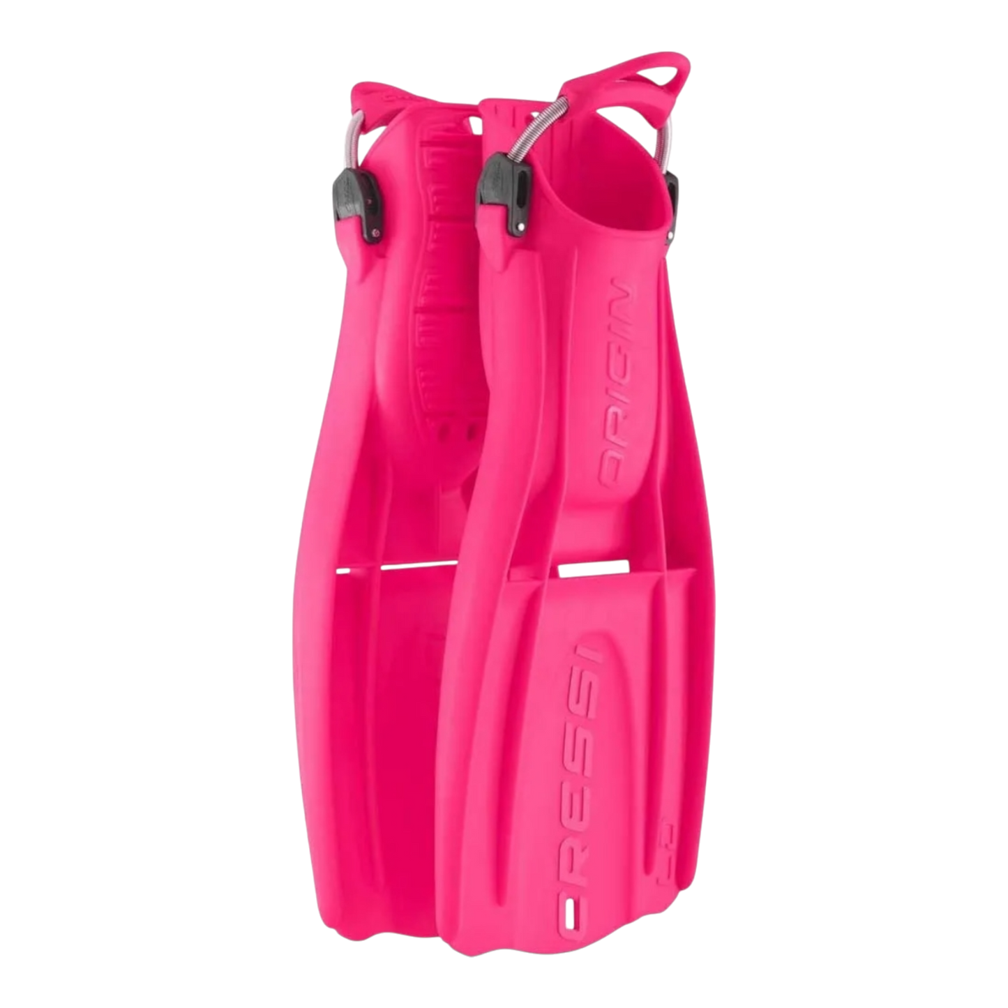 Coppia di pinne regolabili Cressi Origin Ld in colore rosa acceso con sistema di cinghioli EBS 
