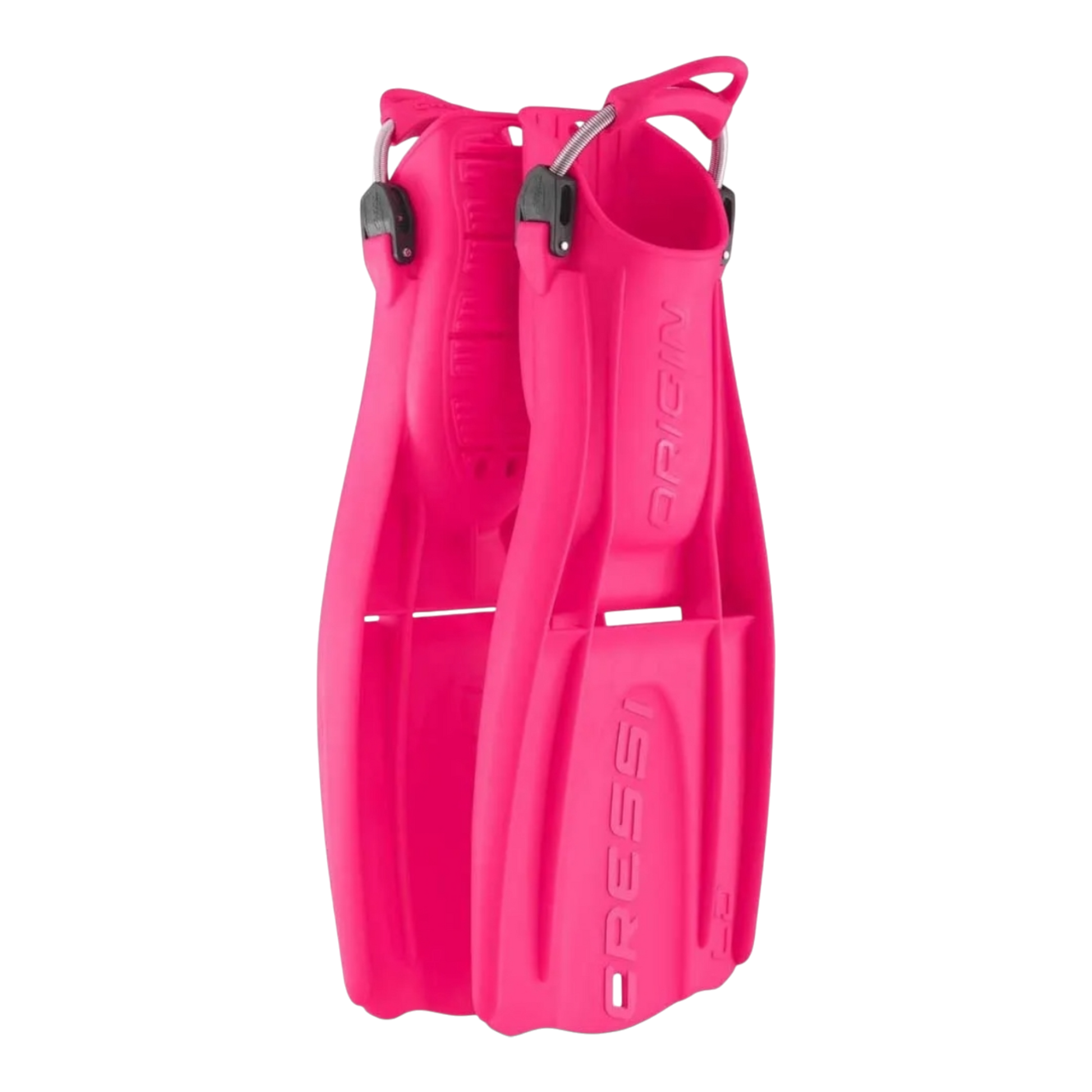 Coppia di pinne regolabili Cressi Origin Ld in colore rosa acceso con sistema di cinghioli EBS 