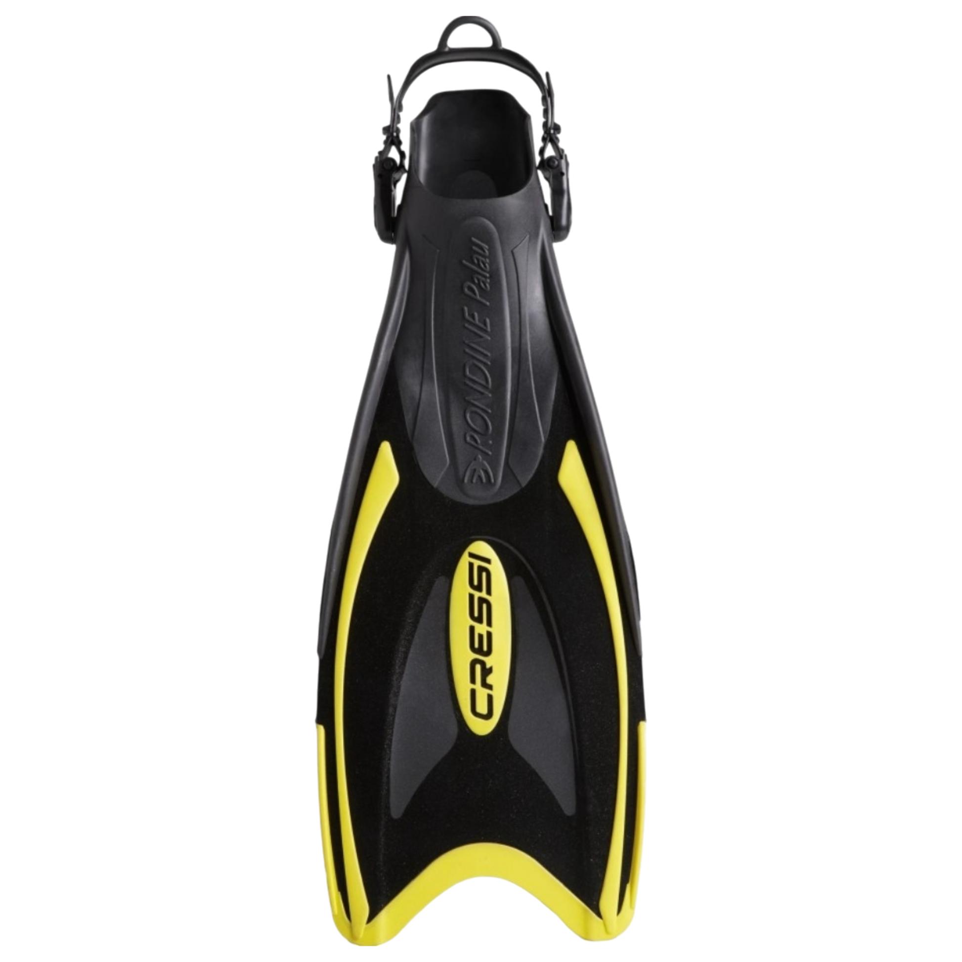 Pinne Cressi Palau leggere e regolabili per snorkeling e nuoto colore nero e giallo con cinturino a tallone aperto