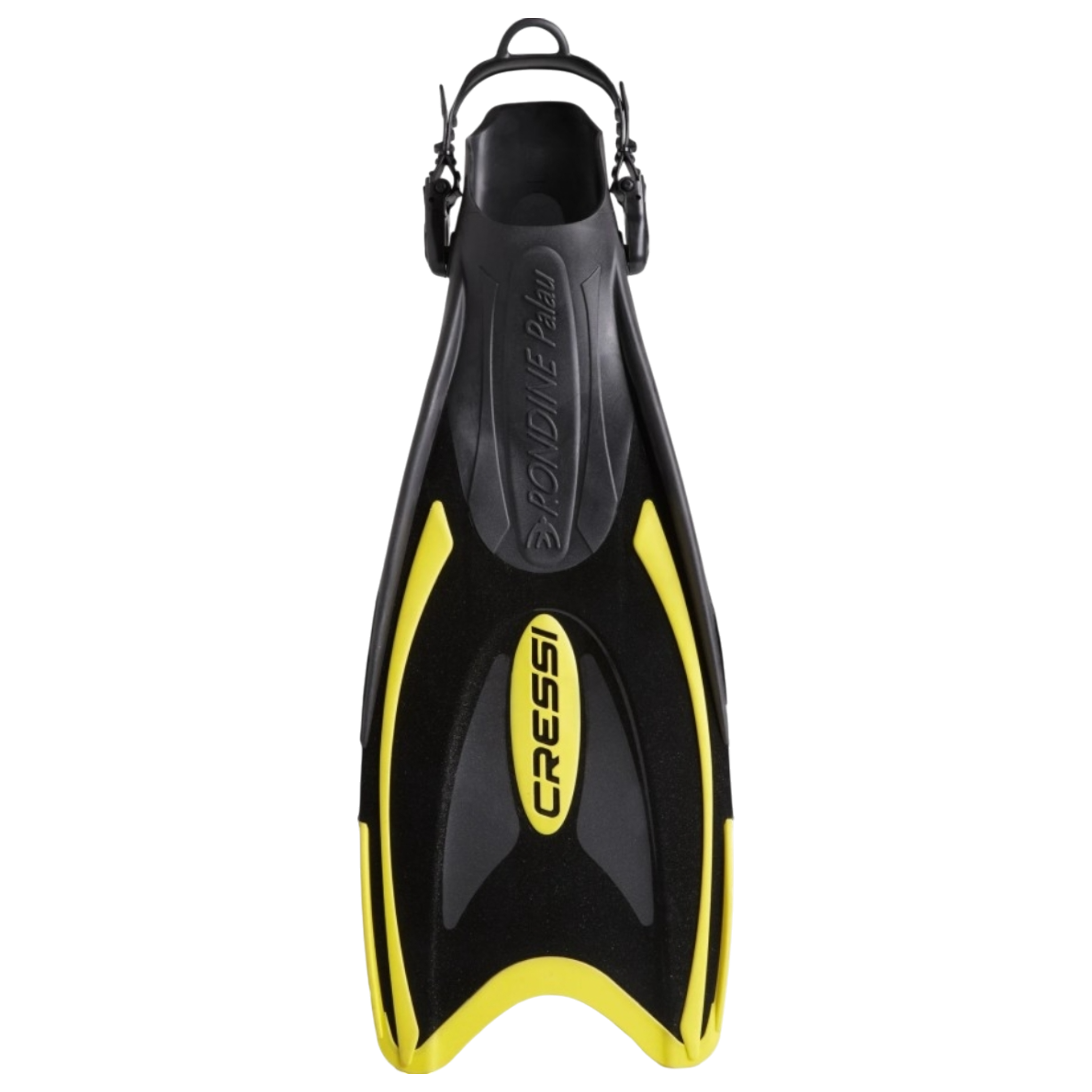 Pinne Cressi Palau leggere e regolabili per snorkeling e nuoto colore nero e giallo con cinturino a tallone aperto
