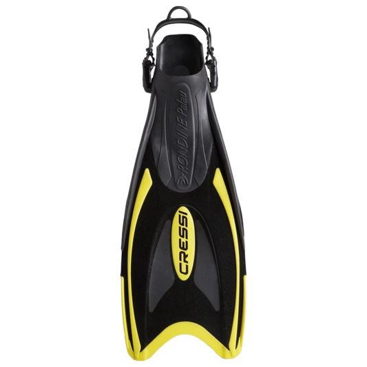 Pinne Cressi Palau leggere e regolabili per snorkeling e nuoto colore nero e giallo con cinturino a tallone aperto