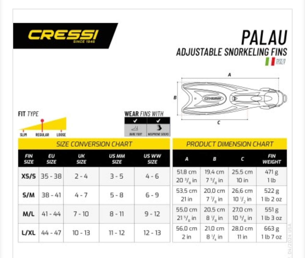 PINNE LEGGERE E TRASPOTABILE-Cressi Sub Palau Comfort - Tabella taglie