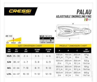PINNE LEGGERE E TRASPOTABILE-Cressi Sub Palau Comfort - Tabella taglie